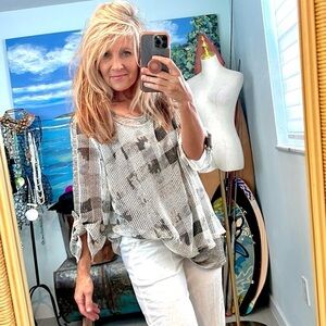 BALI, Gray/Black/White & Textured Mesh-Knit Sweater/Double-Layered Top,Size XL